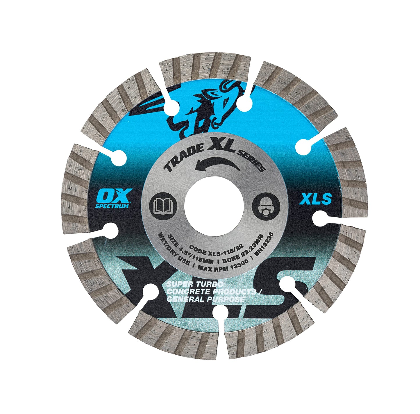 OX Tools Trade XL Super - Turbo Segmented Diamond Blade - Concrete & GP - 115/22.23mm, Blue