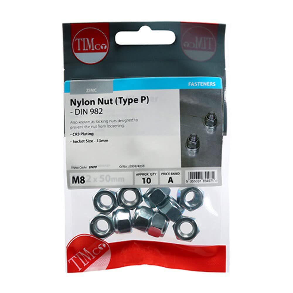 TIMco 10NPP DIN 982 BZP Nylon Nut - Silver (Box of 4)