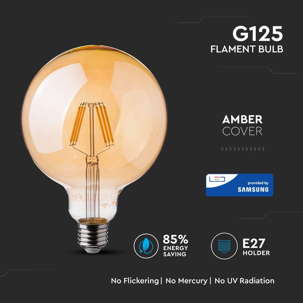 V-TAC 6W A++ G125 Amber Filament LED Light Bulb for Samsung E27 2200K