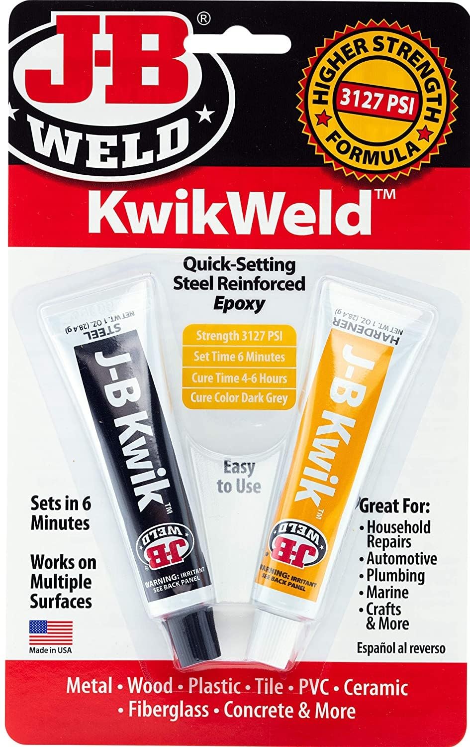 J-B Weld 8276 Kwikweld Twin Tube Quick Setting Steel Reinforced 2 Part Epoxy adhesive for Repair, Dark Grey, Two 1 oz tubes