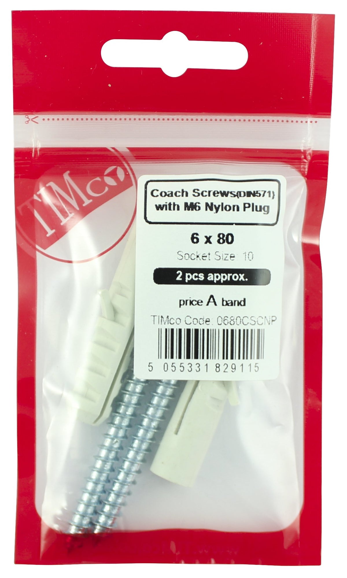 TIMco 0660CSCNP Coach Screw and Nylon Plugs 6 x 60 - Zinc (Pack of 2)