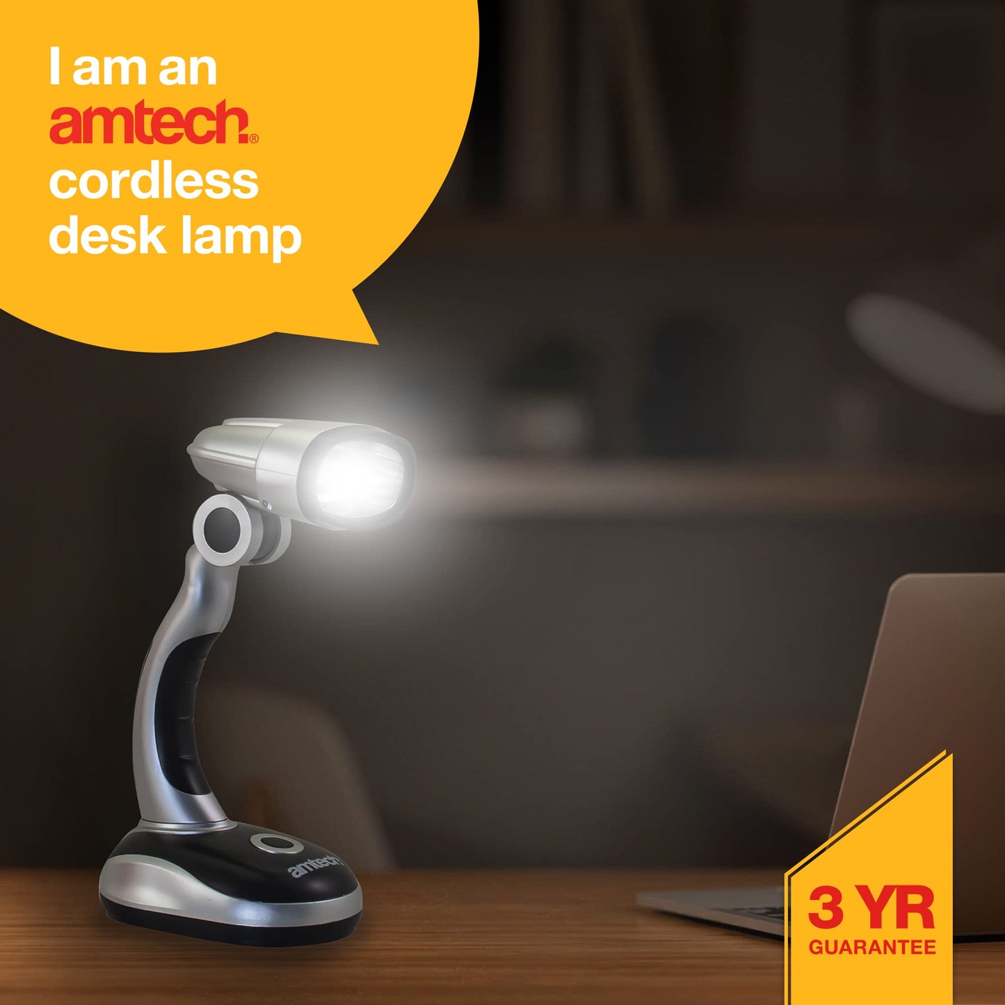 Amtech S8124 Cordless Desk Lamp, Super Bright COB (chip on board) LED Illumination, Portable and Lightweight, 160° Pivoting Head, 3x AA Batteries Included, Ideal for Desk, Office, Camping, Travelling,