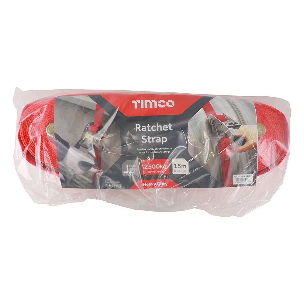 TIMCO Ratchet Strap - J Hook - Heavy Duty - 15m x 50mm - Red