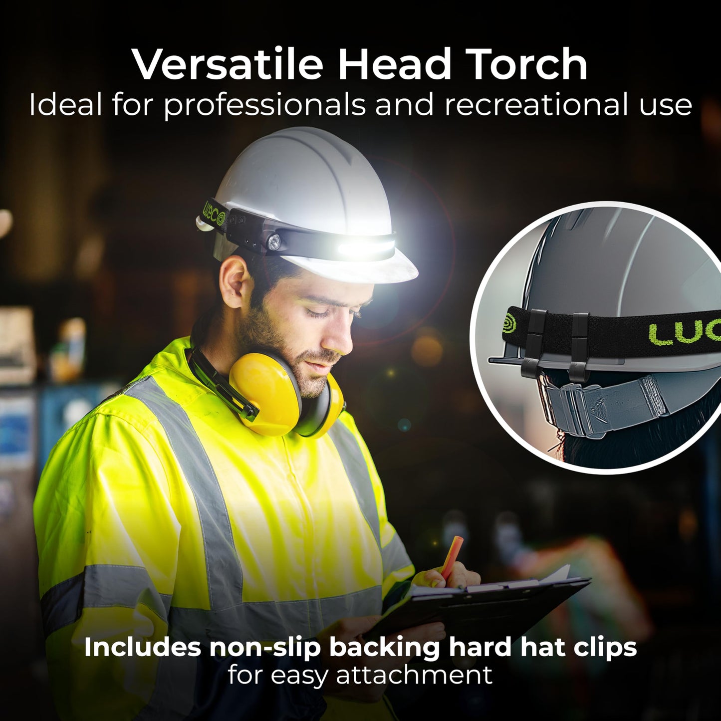 Luceco LED Flexible Head Torch with USB and PIR Motion Sensor, 4 Light Modes, Adjustable, Rechargeable, Suitable for Hard Hats, Inspection Lights, 5W, 350lm, 6500K, LILHF35P65