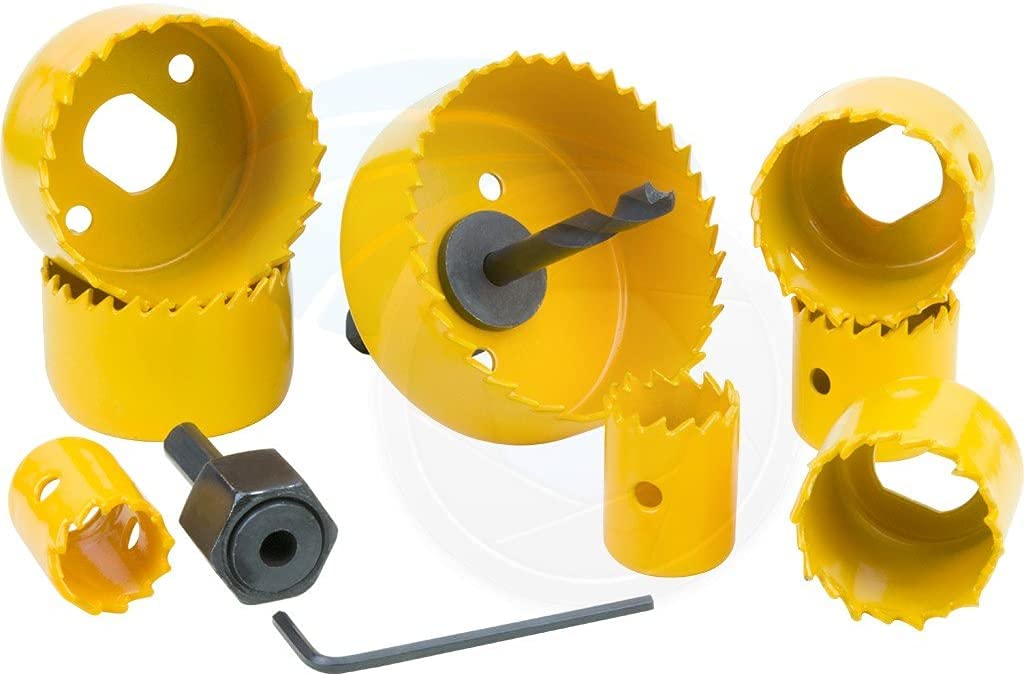 TOLSEN 9BM120 11pcs Hole Saw Pilot Drill Bit Kits for Plywood Drywall Wood Plastic,Yellow,3/4 inch 7/8 inch 1 1/8 inch 1 1/4 inch 1 1/2 inch 1 1/3 inch 2 inch 2.5 inch