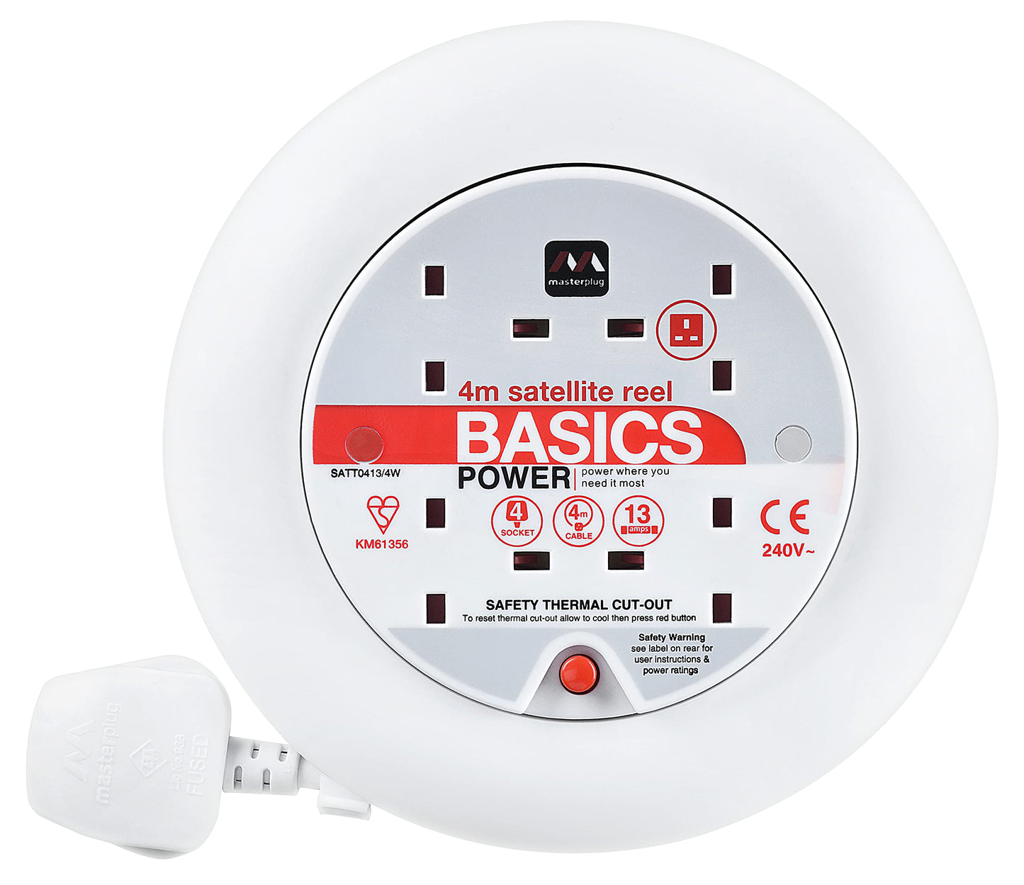 Masterplug Four Socket Slimline Cassette Reel Extension Lead, 4 Metres, White