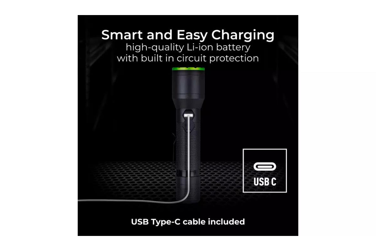 Handyfix Luceco LED Tactical Flashlight, Black with Green Trim, High-Power Torch