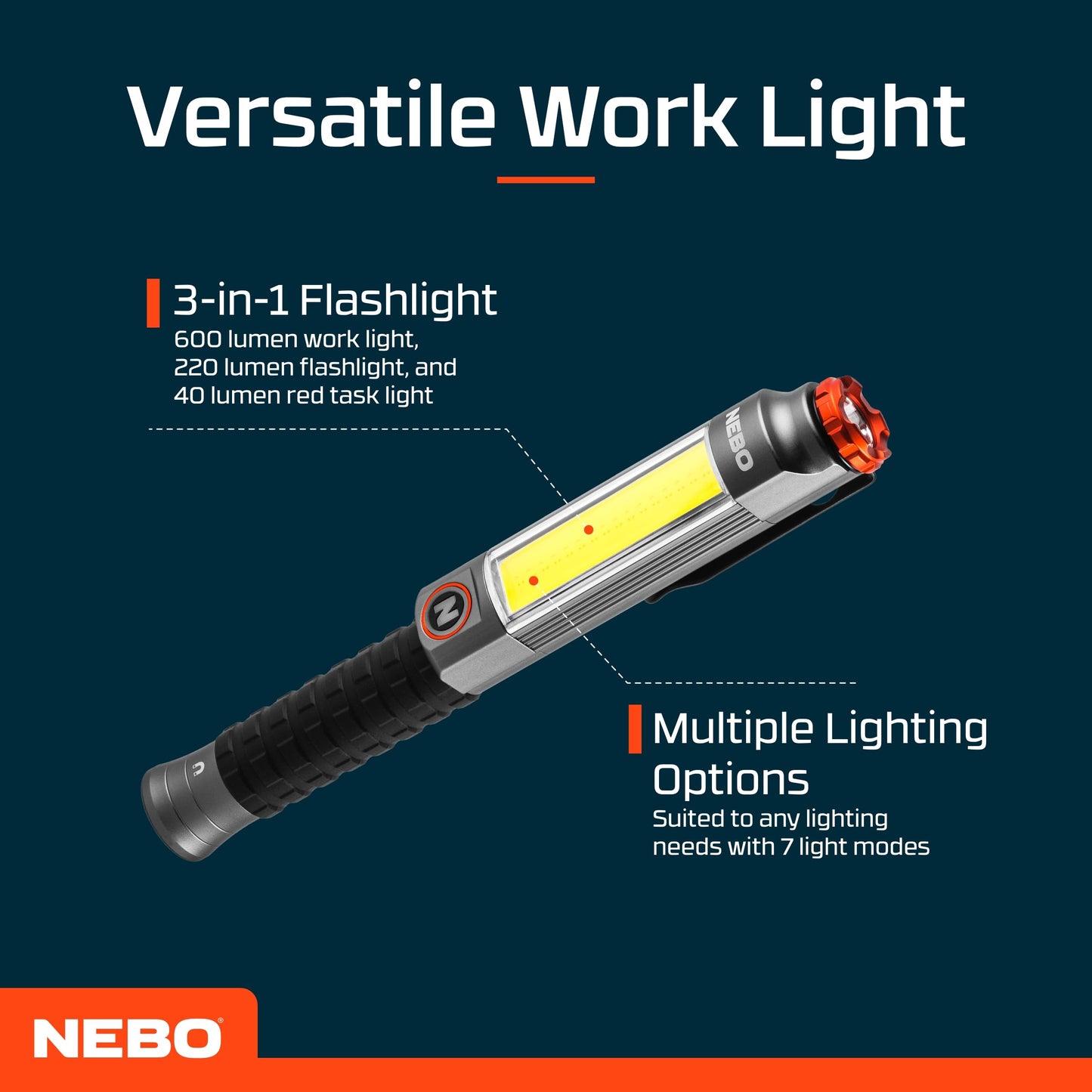 NEBO Big Larry 3-600 Lumen Torch with COB Work Light - Pocket Clip Magnetic Base for Hands-Free Lighting - Portable COB LED Dimmable Flashlight - Hazard Light-Red