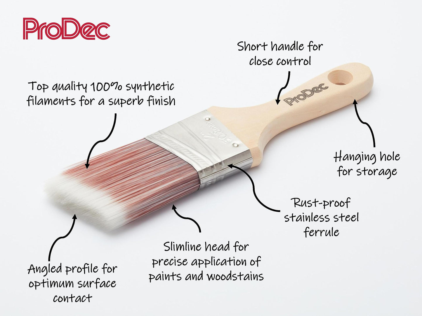 ProDec 2 inch Premier Trade Professional Synthetic Short Handle Cutting In Paint Brush for Sharp Edge Lines Painting with Emulsion, Gloss and Satin Paints on Walls, Ceilings, Wood and Metal, 2" 50mm