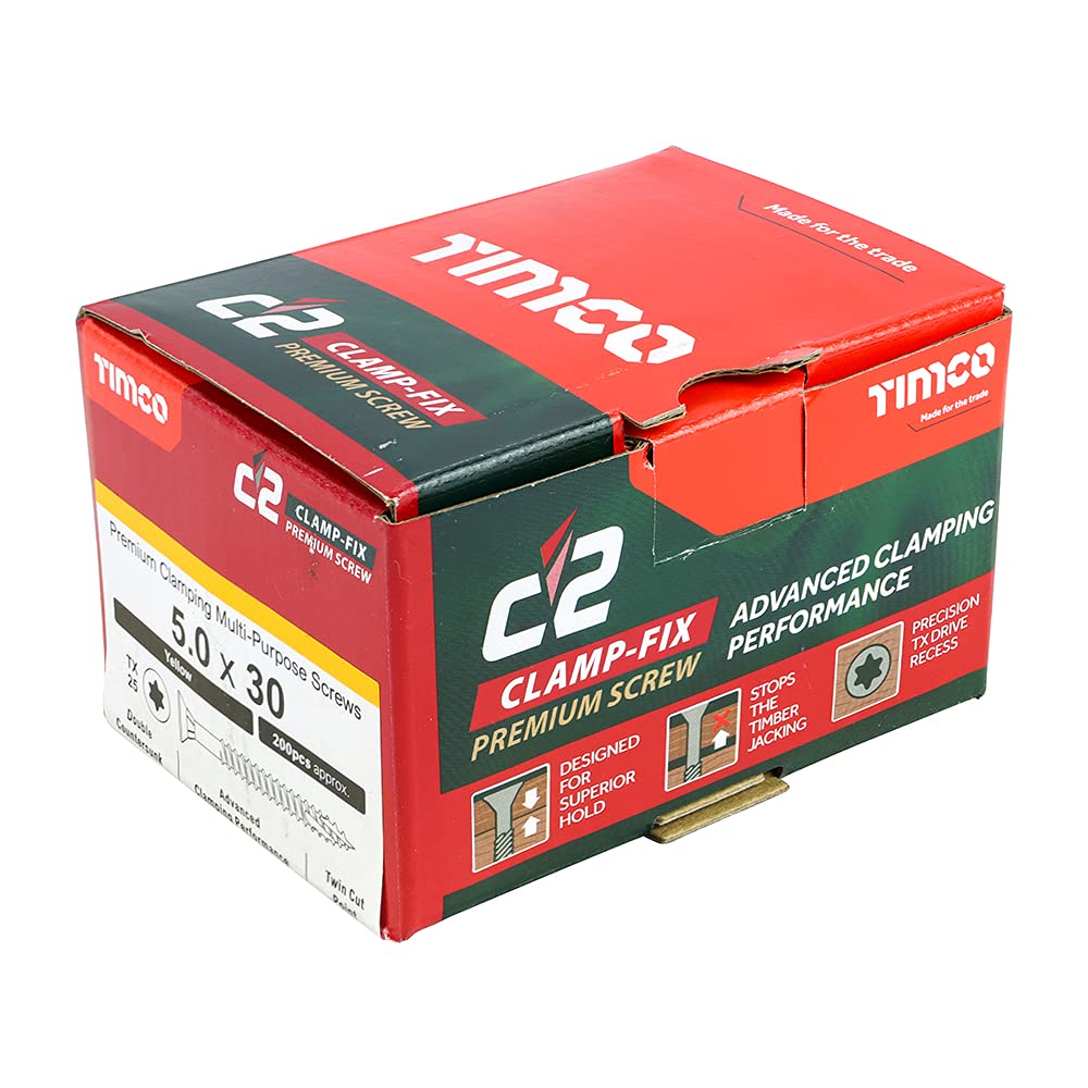 TIMCO C2 Clamp-Fix Multi-Purpose Premium Screws - TX - Double Countersunk - Yellow - 5.0 x 30 - Box of 200