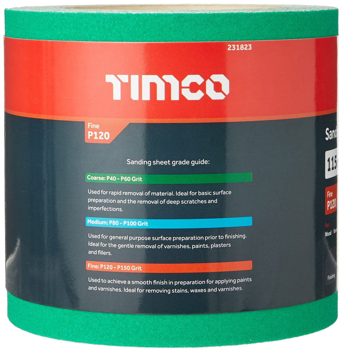 TIMCO Sandpaper Roll - 120 Grit - Green - 115mm x 10m - 1 Roll - Ideal for hand and powertool sanding