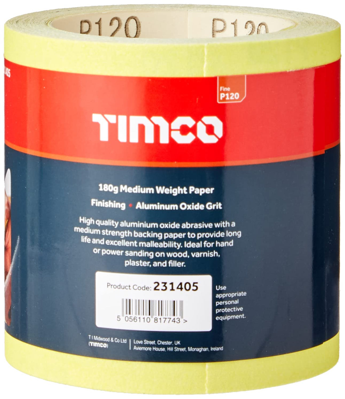 TIMCO 120 Grit Sandpaper Roll - Yellow -115mm x 10m