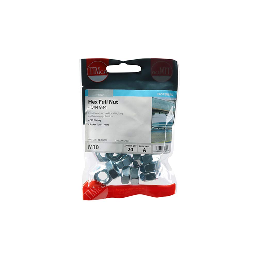 TIMco 10HNUTZP DIN 934 BZP Hex Nut - Silver (Box of 20)