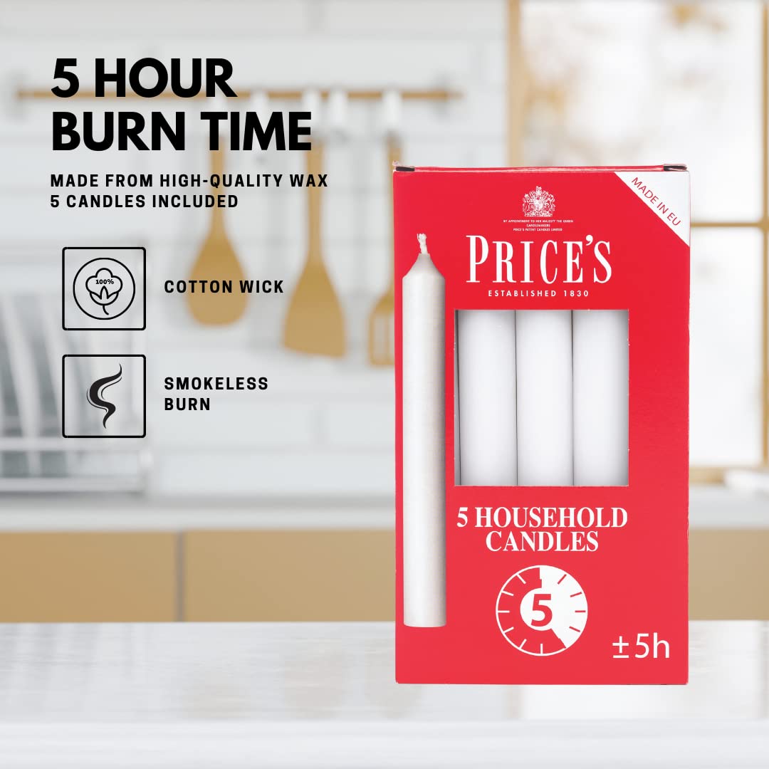 Price's - Household Candles - Pack of 5 - Unscented - 5 Hour Burn Time - Premium White Wax