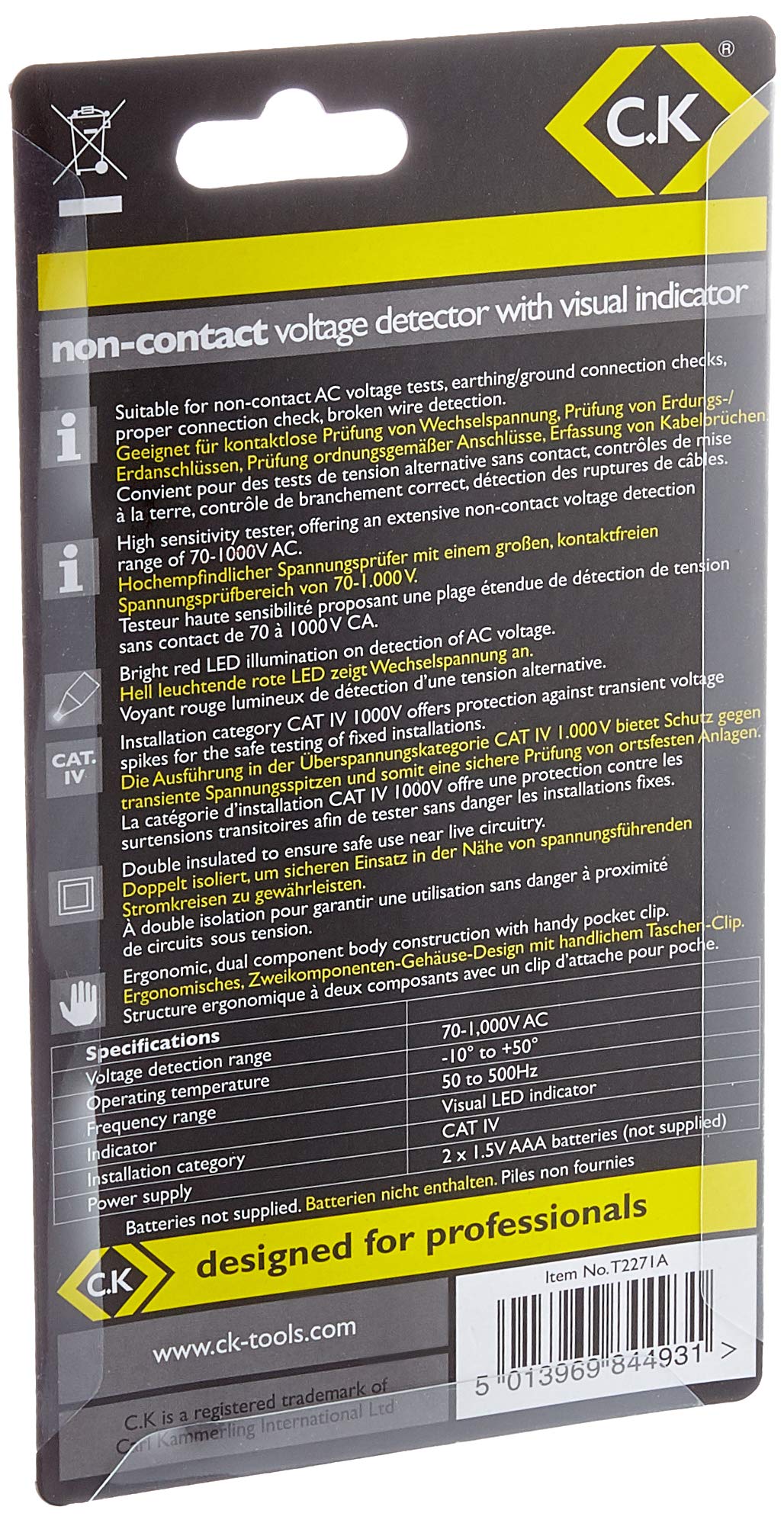 C.K T2271A Non-Contact Voltage Detector with Visual Indicator,Red