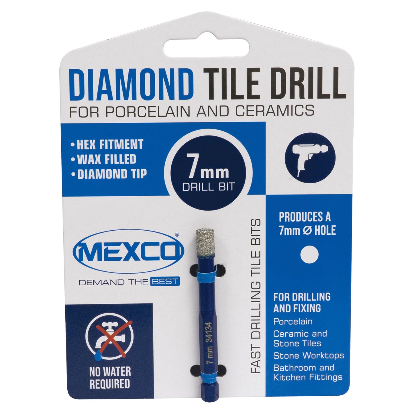 Mexco Wax filled Diamond Tile Drill Bit with Hex Fit for Drilling Porcelain, Ceramic, Stone – 7mm