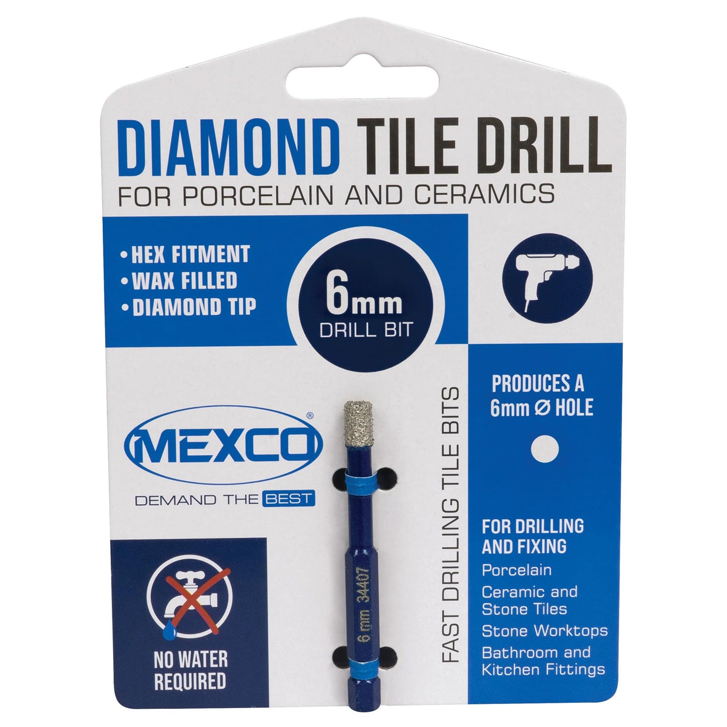Mexco Wax filled Diamond Tile Drill Bit with Hex Fit for Drilling Porcelain, Ceramic, Stone – 6mm