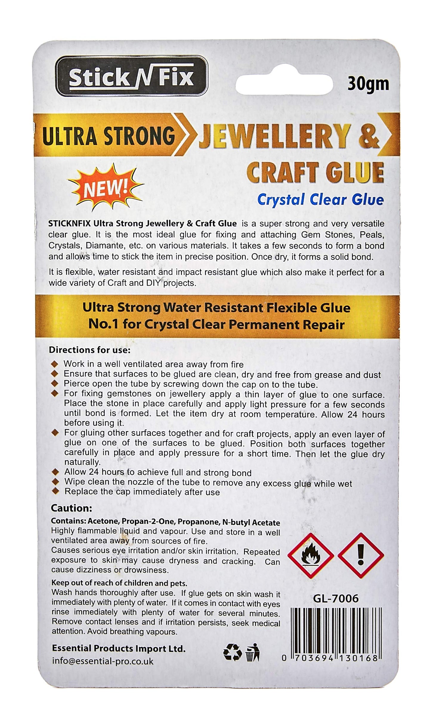 STICK N FIX Jewellery & Craft Glue Repair Mend Jewelry Ultra Strong Crystal Clear Finish Waterproof Repositionable