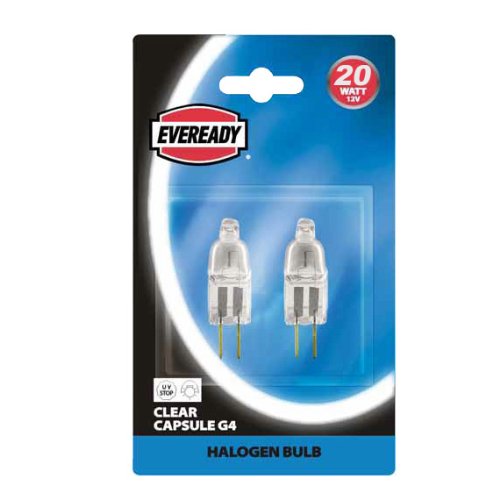 2 Pack Eveready G4 20W 12V Halogen Capsule Light Bulbs, Dimmable Lamps, 240 Lumen, 3 Years Life, Clear Finish