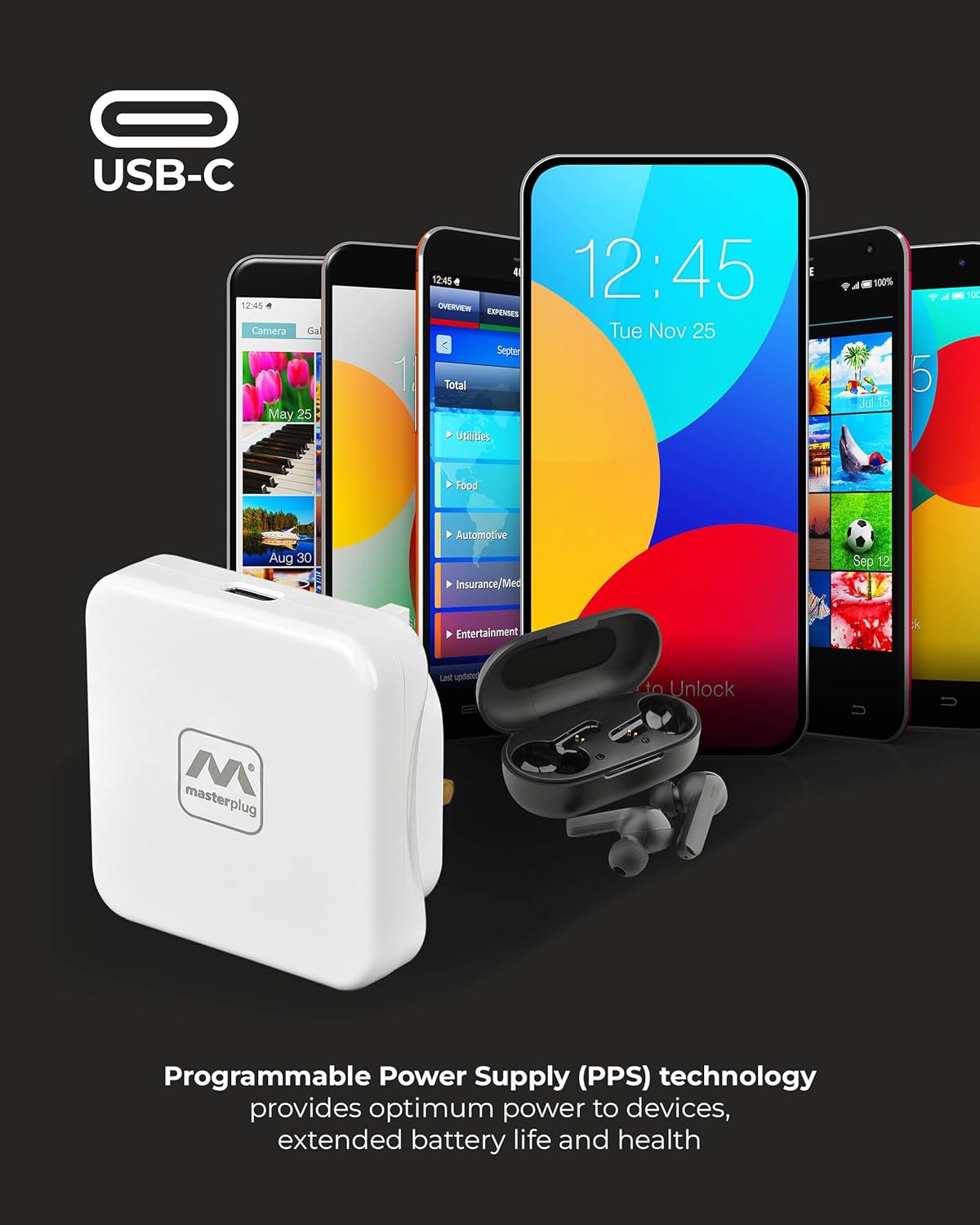 Masterplug Super-Fast USB Charging Plug with Single Type C Charging Port, 20 Watts, White