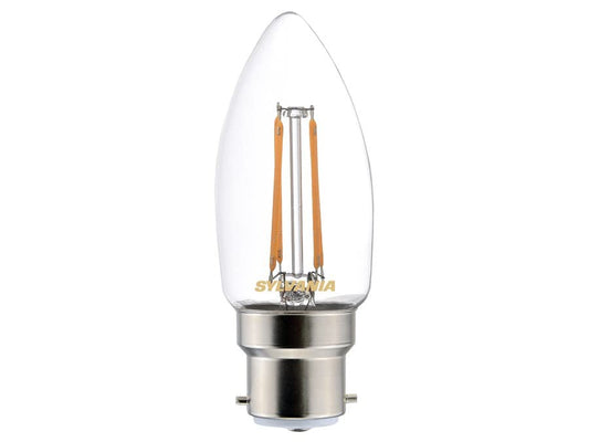 SYLVANIA LED Light Bulb, Clear Filament Finish, Candle Shape, B22 Cap, 40W Equivalent Wattage, 470 Lumens, Warm White Colour (2700K), Non Dimmable. for All Rooms and Commercial Applications