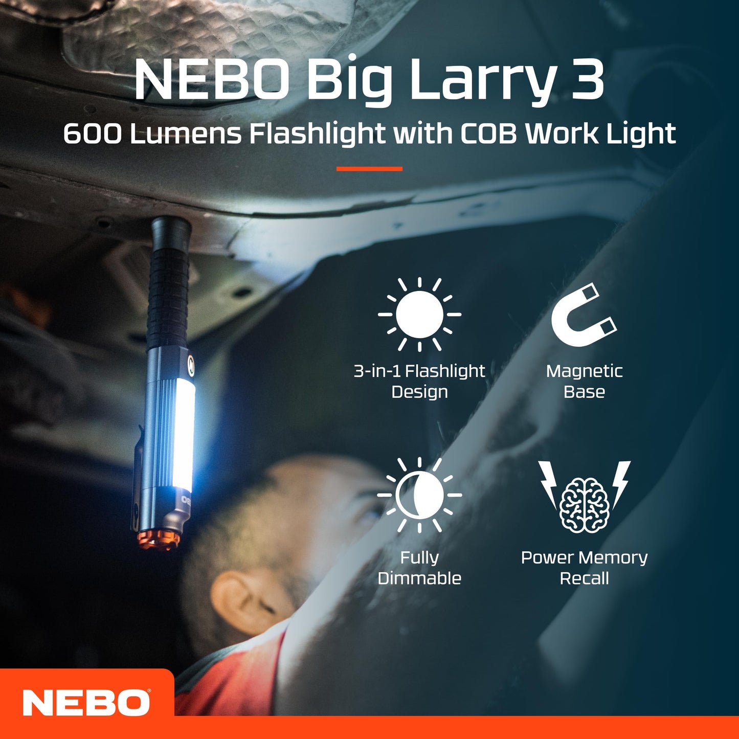 NEBO Big Larry 3-600 Lumen Torch with COB Work Light - Pocket Clip Magnetic Base for Hands-Free Lighting - Portable COB LED Dimmable Flashlight - Hazard Light-Red