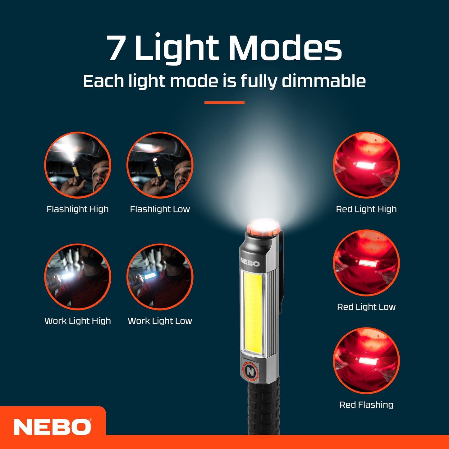 NEBO Big Larry 3-600 Lumen Torch with COB Work Light - Pocket Clip Magnetic Base for Hands-Free Lighting - Portable COB LED Dimmable Flashlight - Hazard Light-Red