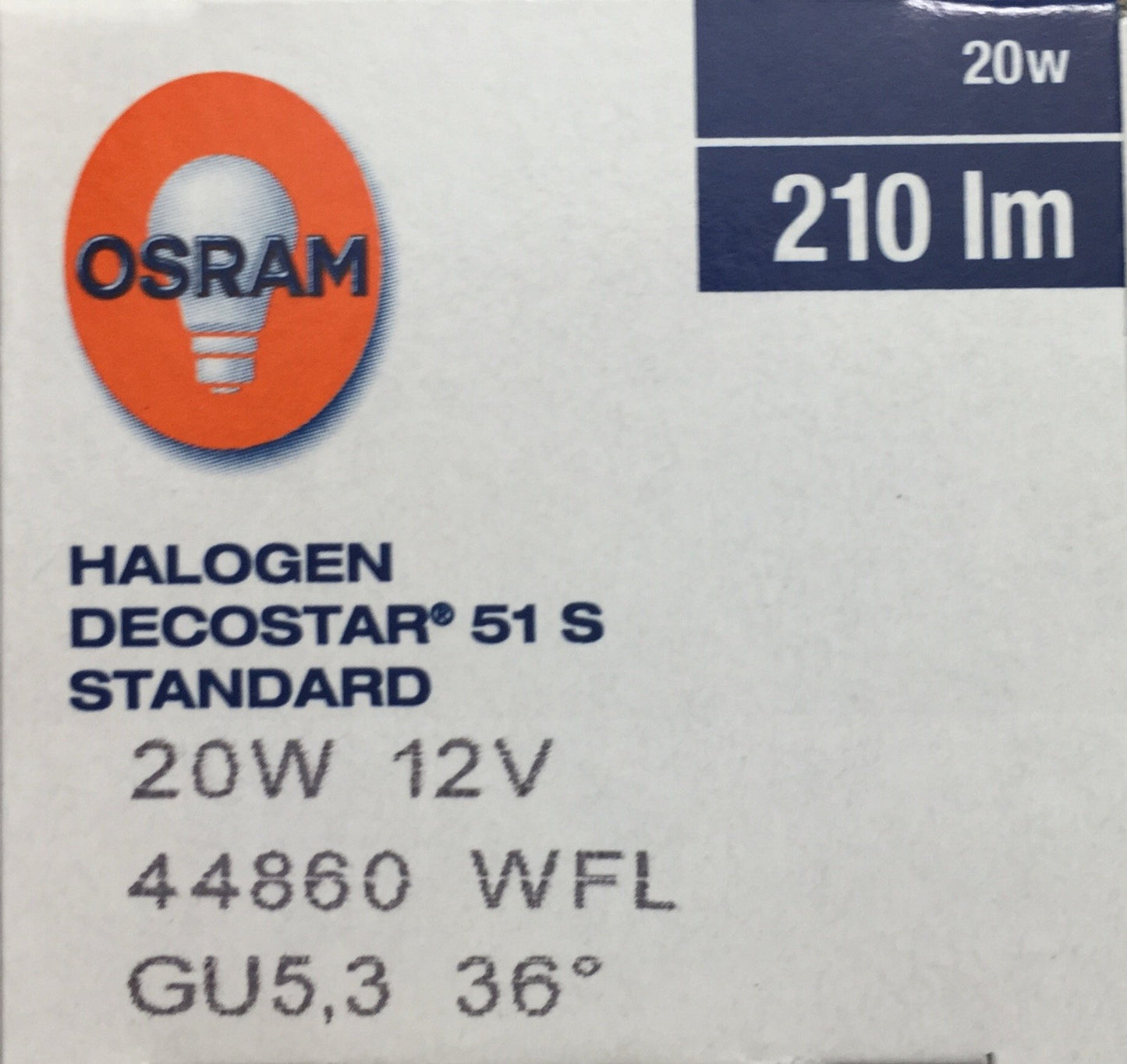 Osram Decostar 51s 44860WFL Halogen Lamp with Cold Mirror Reflectors and Cover Disk / 12 Volt 20 Watt/Socket Gu5.3 36 / Diameter 51 mm/Set of 10