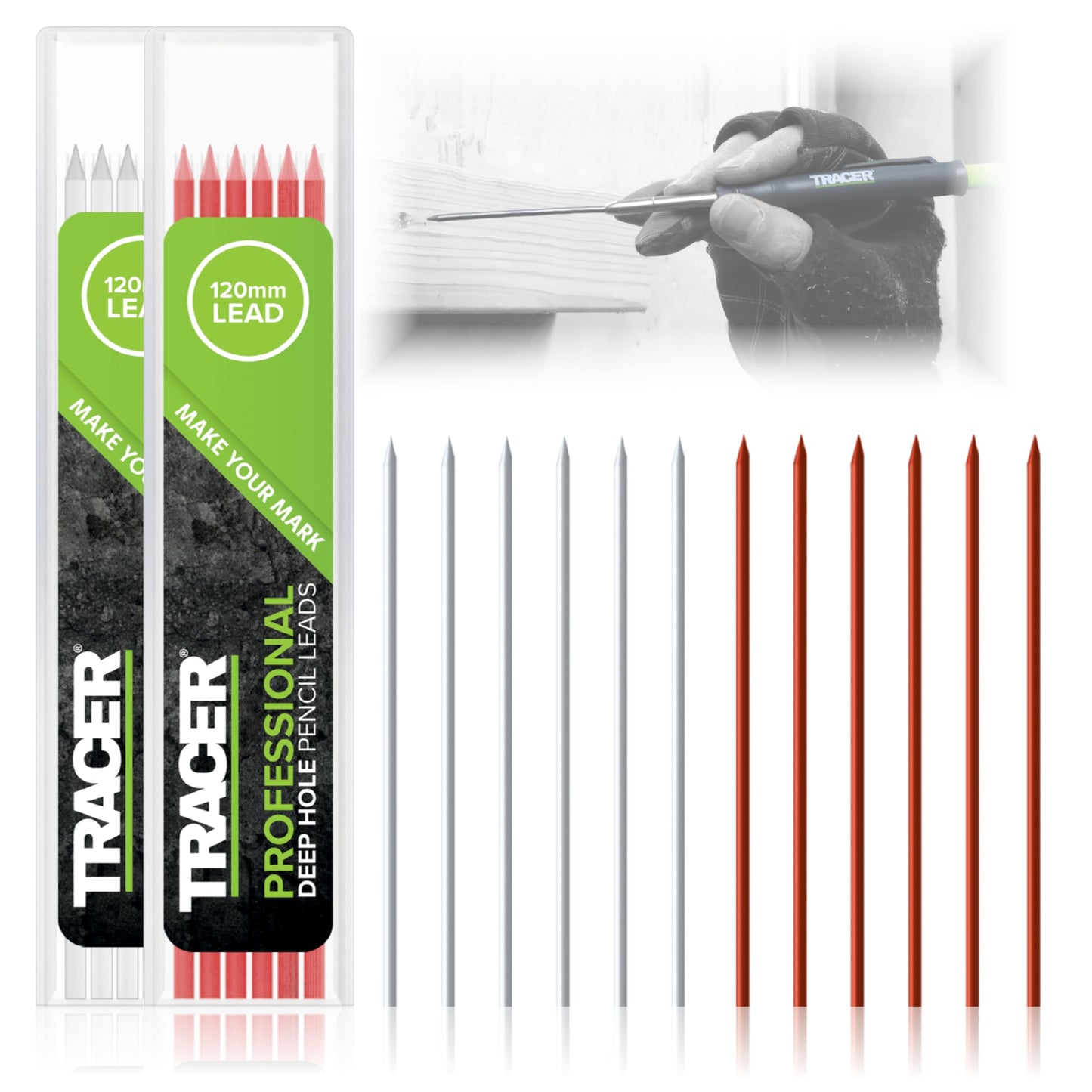 TRACER Deep Hole Pencil Alternative Leads Set - 12 x 2.8mm High-Visibility Coloured Leads for the Tracer Pencil. 6 x Red, 6 x White. 12 x Tracer Pencil refills.