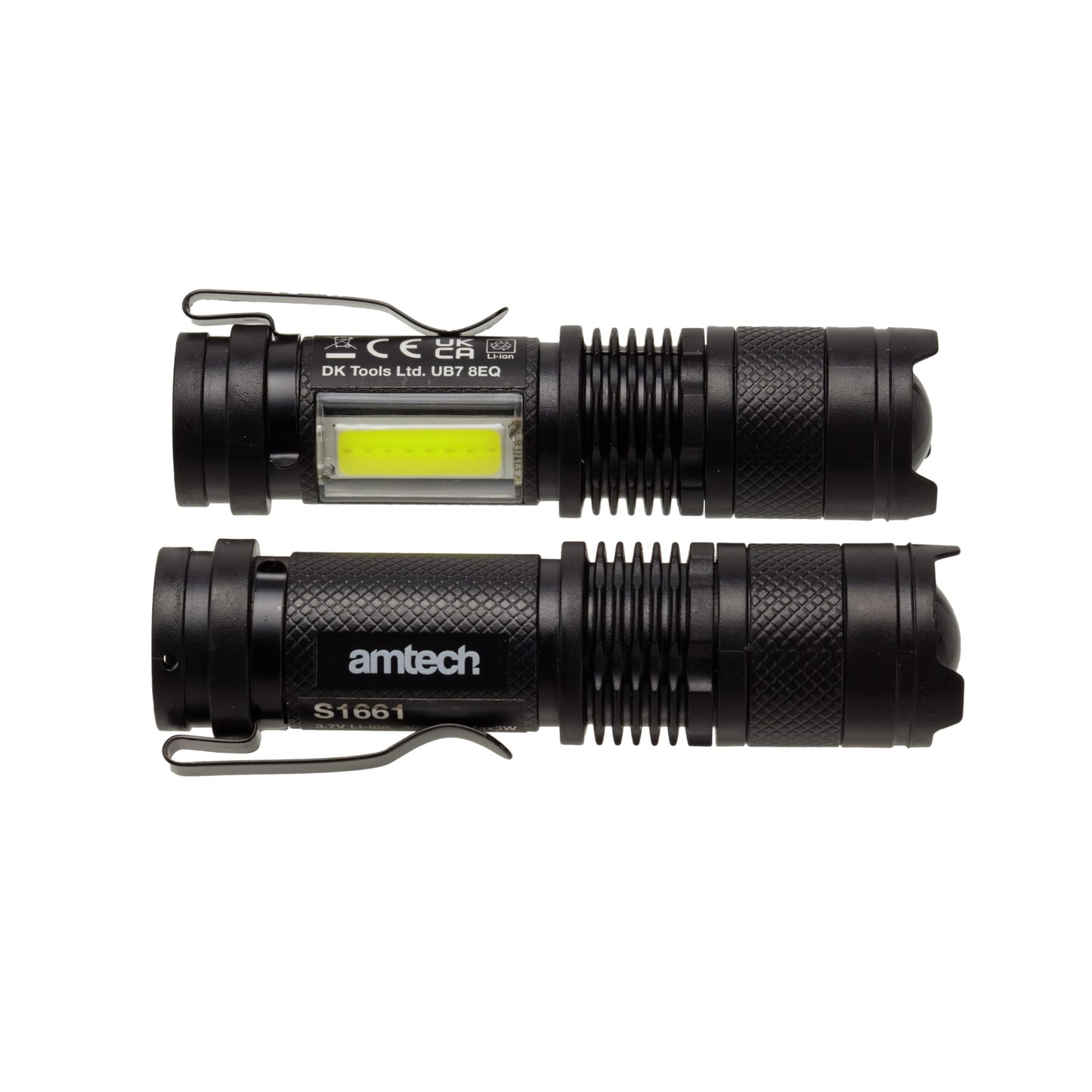 Amtech - Mini Torch Set for Camping, Hiking, Car Repairs, Everyday Use, and More, Adjustable Brightness with 3 Lighting Modes, Rechargeable, Portable with Metal Clip
