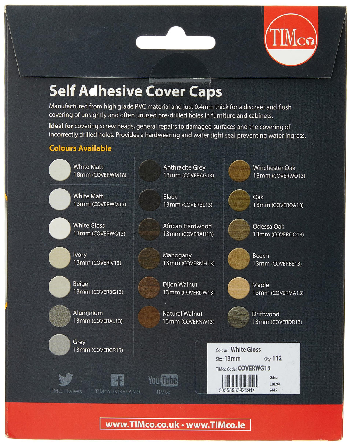 TIMCO Self-Adhesive Cover Caps - Ideal for screw heads, unused pre-drilled holes and general repairs to damaged surfaces - White Gloss - 13mm