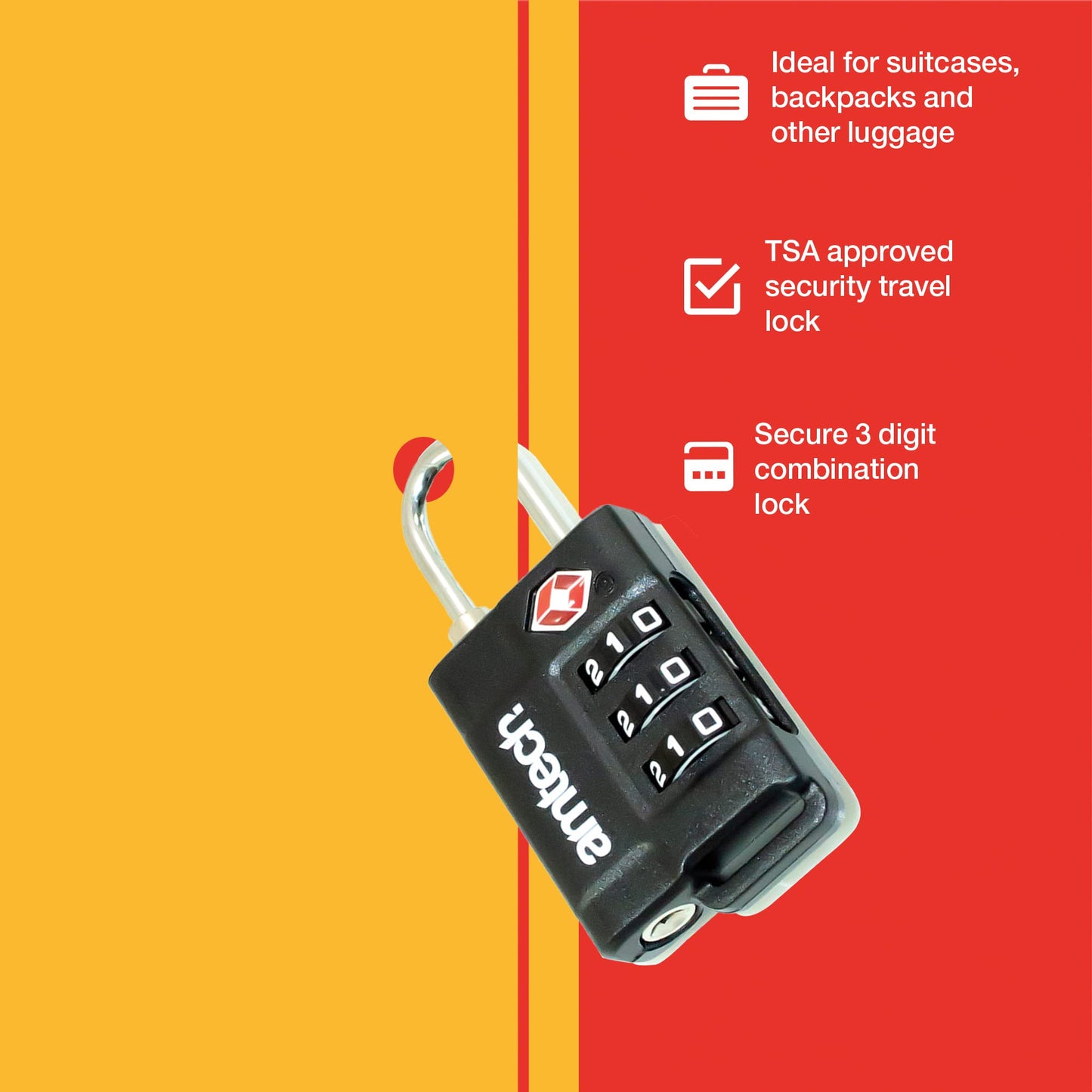 Amtech T1130 TSA-Approved Combination Travel Padlock, 3 Digit Combination Suitcase Lock, Travel Luggage Lock for Suitcases, Travel Bags, Backpacks, Lockers, Gym, Bike Locks, (Black)