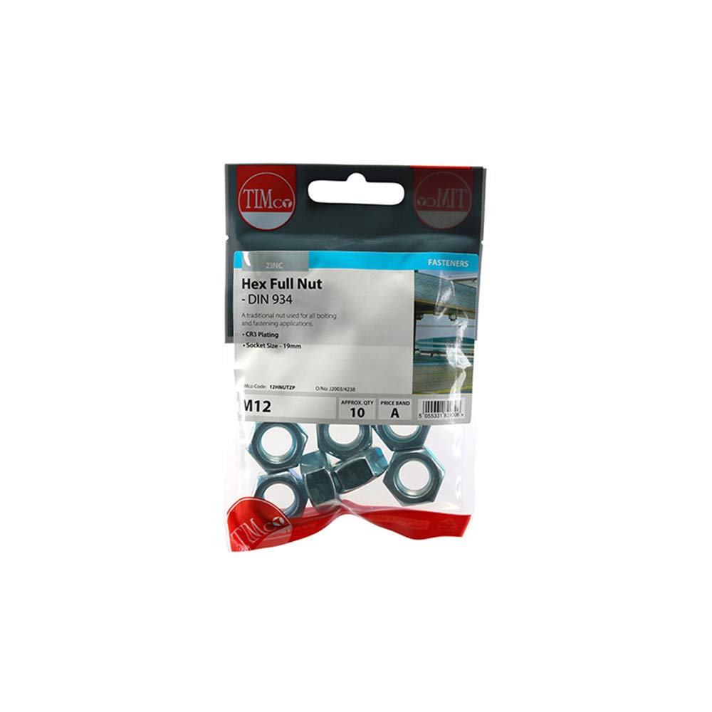 Timco Hex Nut DIN 934 - BZP - M12-10 Pieces